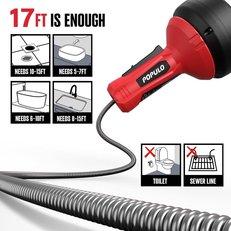 populo Auto-Feed 17FT Drain Snake Auger, Plumbing Snake Drain Auger with Drill Adapter, Sink Snake Drain Hair Remover for Kitchen, Bathroom and Shower Sink, PMDA-5 - Image 3